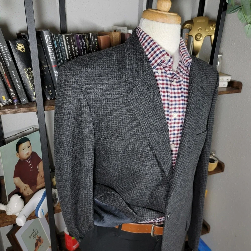 VTG John Weitz Signature Collection‎ Men's Tweed Sport Coat Charcoal Checked 46R